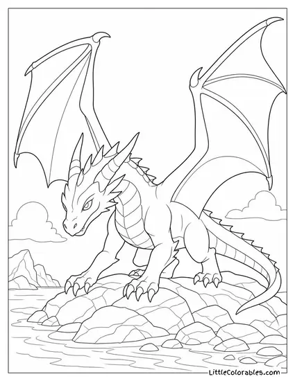 Realistic Dragon Landing Heavily on a Rocky Shore With Wings Still Outstretched Coloring Page