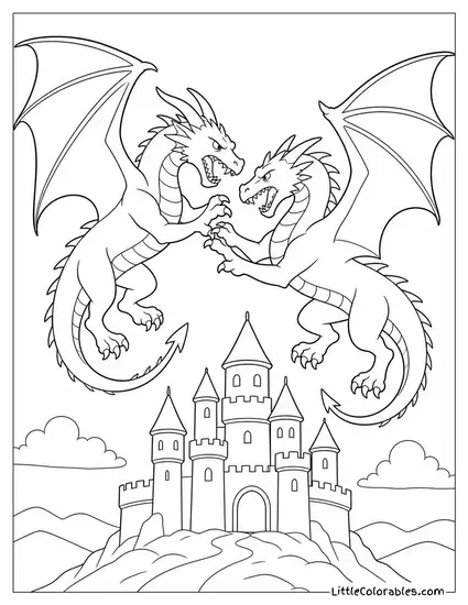 Realistic Dragon Locked in a Mid Air Clash With Another Dragon Over a Castle Coloring Page