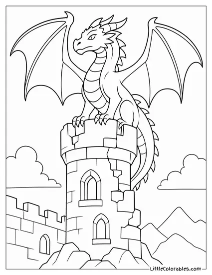 Realistic Dragon Perched Atop a Crumbling Castle Tower With Wings Fully Spread Coloring Page