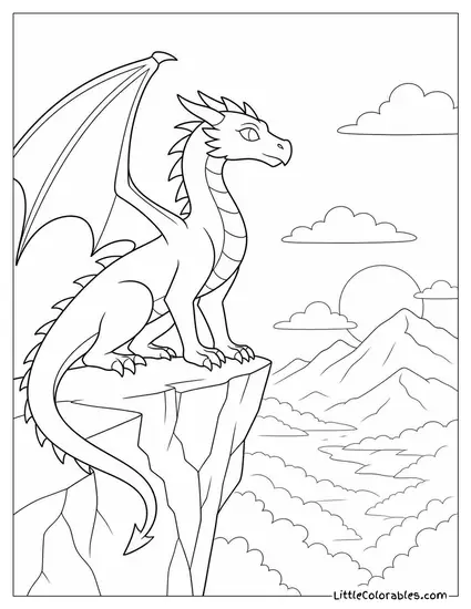 Realistic Dragon Perched on a Cliff Overlooking a Misty Valley at Dawn Coloring Page