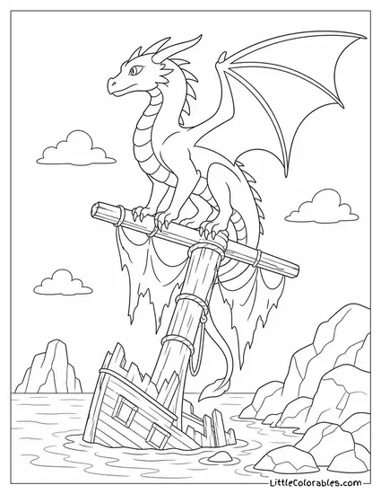 Realistic Dragon Perched on a Shipwreck's Mast Along a Rocky Coastline Coloring Page