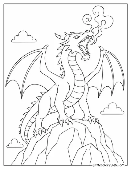 Realistic Dragon Roaring With Smoke Curling From Its Nostrils on a Rocky Peak Coloring Page