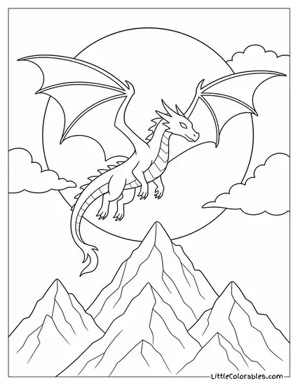 Realistic Dragon Silhouetted Against a Massive Full Moon Above Jagged Peaks Coloring Page