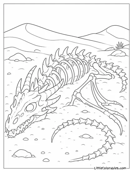 Realistic Dragon Skeleton Half Buried in Desert Sand With Bones Bleached by the Sun Coloring Page