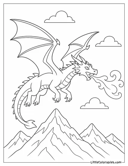 Realistic Dragon Soaring Above a Snowy Mountain Range With Frost Breath Trailing Coloring Page
