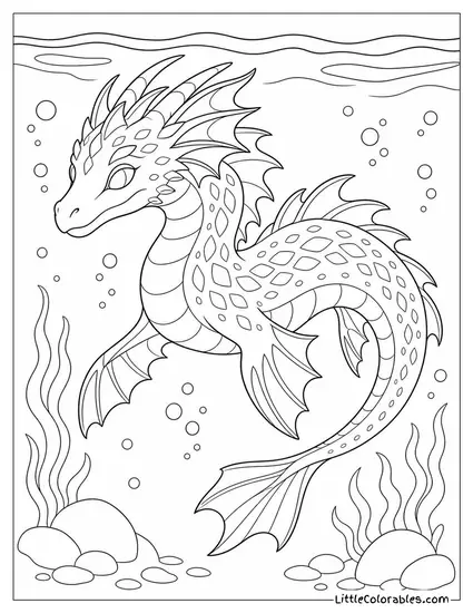 Realistic Dragon Swimming Beneath the Ocean Surface With Glowing Bioluminescent Scales Coloring Page