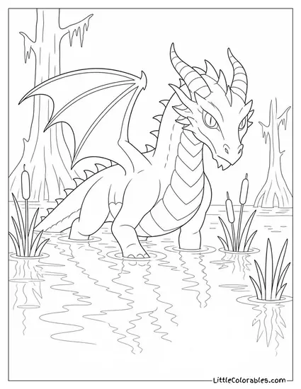 Realistic Dragon Wading Through a Swamp With Glowing Eyes Reflected in the Water Coloring Page