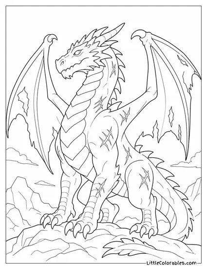 Realistic Dragon With Battle Scars and Torn Wing Membrane Standing Defiantly Coloring Page