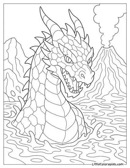Realistic Dragon With Cracked Volcanic Scales Emerging From a River of Lava Coloring Page