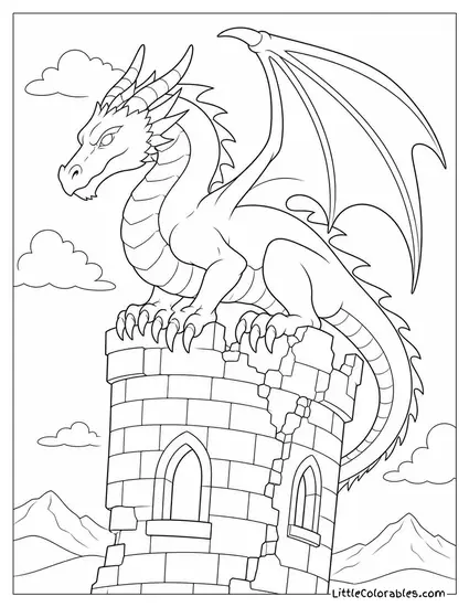 Realistic Dragon With Detailed Claws Gripping the Edge of a Crumbling Tower Coloring Page