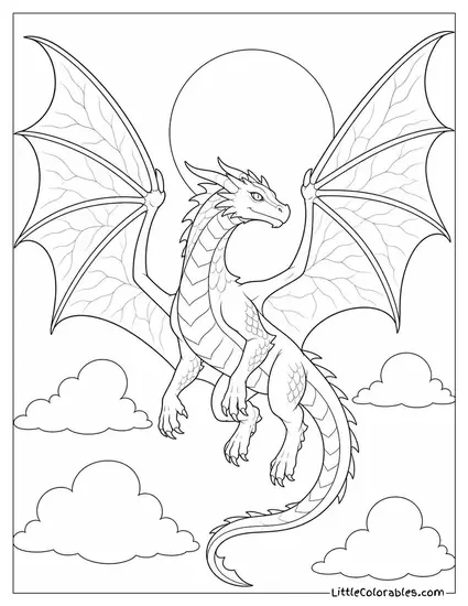 Realistic Dragon With Intricate Wing Membrane Veins Stretched Wide Against the Sun Coloring Page