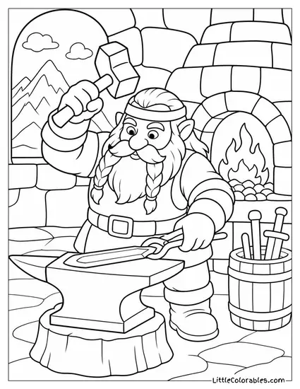 Realistic Dwarf Blacksmith Hammering a Glowing Blade in a Mountain Forge Coloring Page