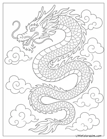 Realistic Eastern Dragon Coiling Through Storm Clouds With Long Whiskers and Flowing Mane Coloring Page