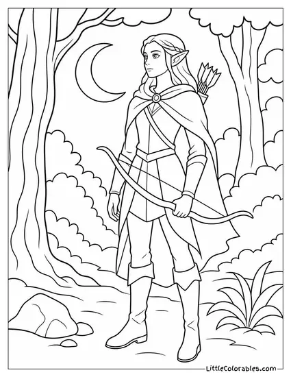 Realistic Elf Archer Standing Silently in an Ancient Moonlit Forest Coloring Page