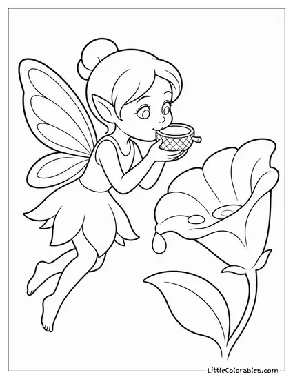 Realistic Fairy Drinking Dew From a Flower Using a Tiny Acorn Cup Coloring Page