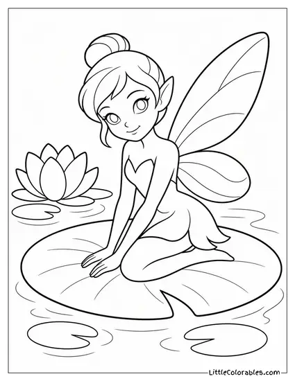 Realistic Fairy Perched Gracefully on a Lily Pad Above a Pond Coloring Page