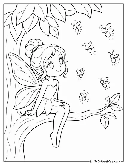 Realistic Fairy Perched on a Branch Beneath a Canopy of Glowing Fireflies Coloring Page