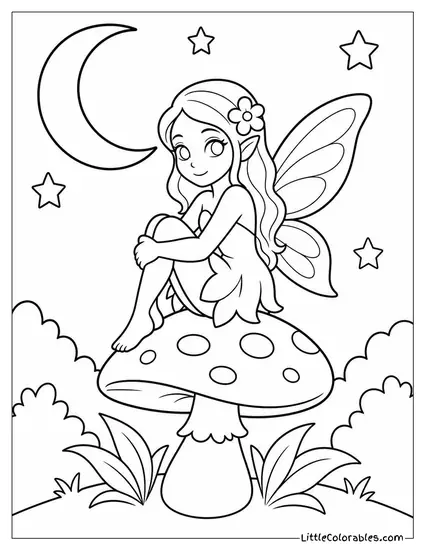 Realistic Fairy Perched on a Mushroom in a Moonlit Forest Coloring Page