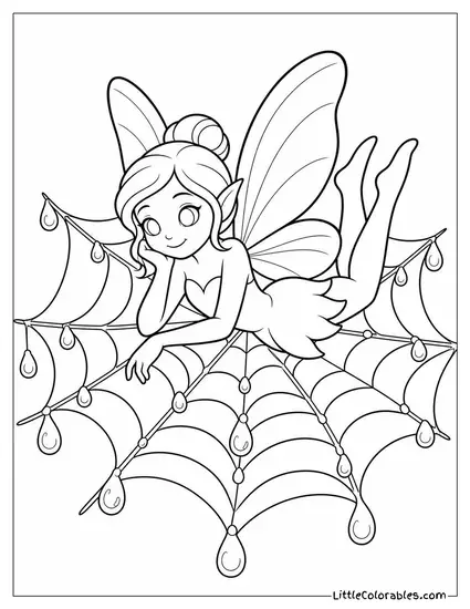 Realistic Fairy Resting on a Spider Web Glistening With Morning Dew Coloring Page