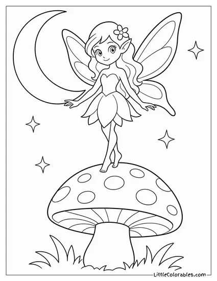 Realistic Fairy Standing Atop a Toadstool Bathed in Moonlight Coloring Page
