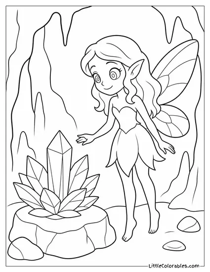 Realistic Fairy Standing Beside a Glowing Crystal Flower in a Cave Coloring Page