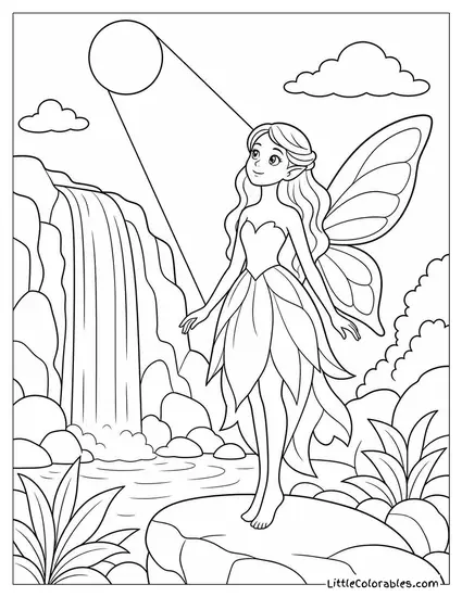 Realistic Fairy Standing in a Beam of Moonlight Near a Waterfall Coloring Page