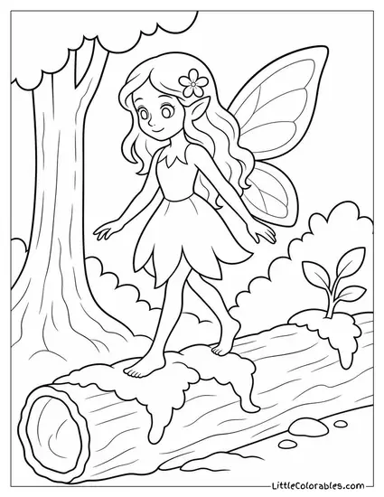Realistic Fairy Walking Along a Mossy Log in an Ancient Forest Coloring Page