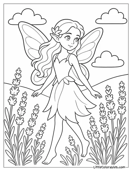 Realistic Fairy Walking Through a Field of Lavender at Twilight Coloring Page
