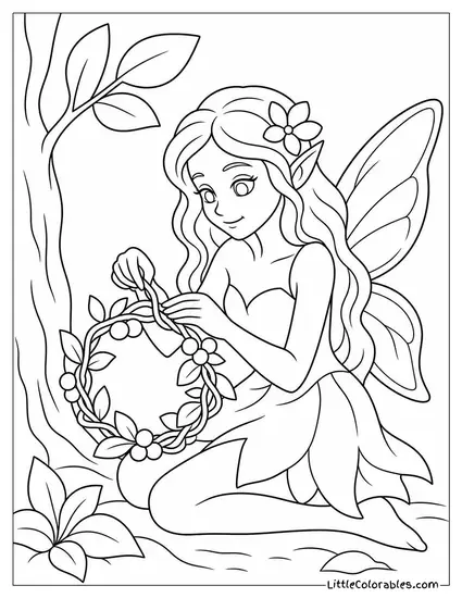 Realistic Fairy Weaving a Crown From Woodland Vines and Berries Coloring Page