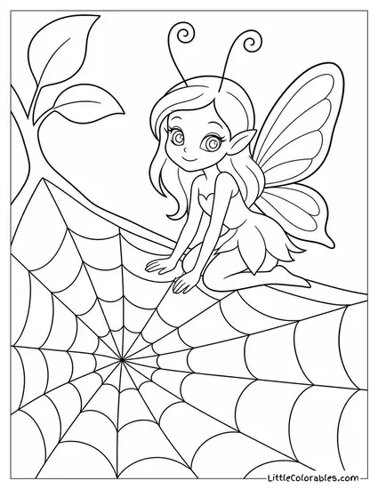 Realistic Fairy With Delicate Antennae Perched on a Spiderweb Coloring Page