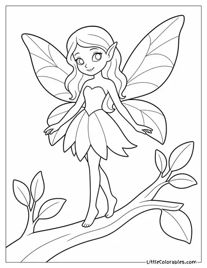 Realistic Fairy With Delicate Lace Wings Standing on a Tree Branch Coloring Page