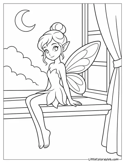 Realistic Fairy With Delicate Wings Perched on a Windowsill at Dusk Coloring Page
