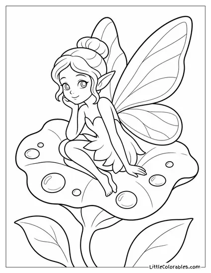 Realistic Fairy With Delicate Wings Resting on a Dew Covered Petal Coloring Page