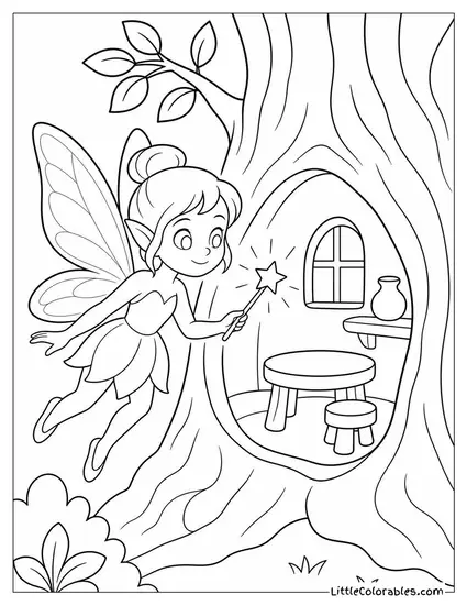 Realistic Fairy With Glowing Wings Illuminating a Dark Hollow Tree Coloring Page