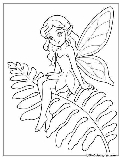 Realistic Fairy With Gossamer Wings Resting on a Fern Frond Coloring Page