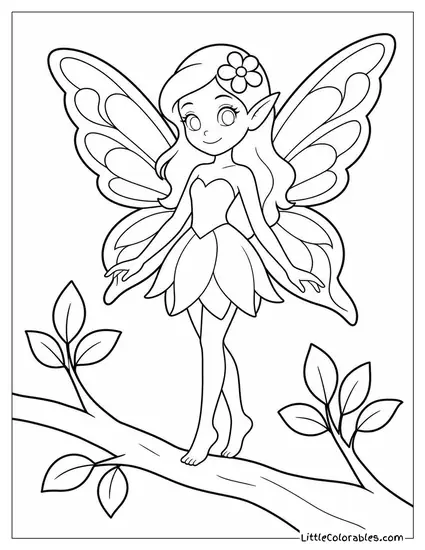 Realistic Fairy With Intricate Lace Wings Standing on a Tree Branch Coloring Page