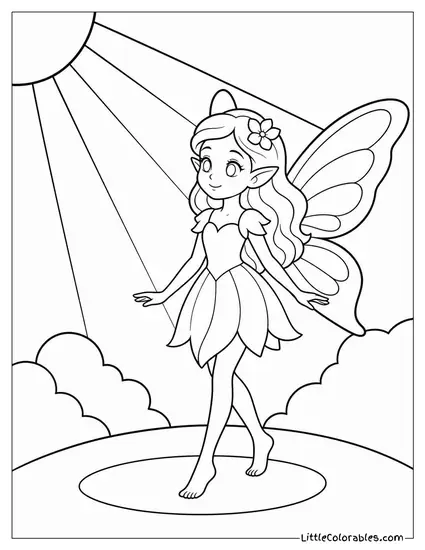 Realistic Fairy With Iridescent Wings Standing in a Sunbeam Coloring Page