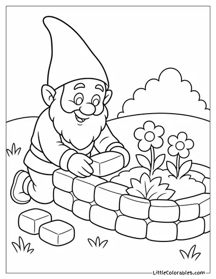 Realistic Gnome Building a Tiny Stone Wall Around His Garden Coloring Page