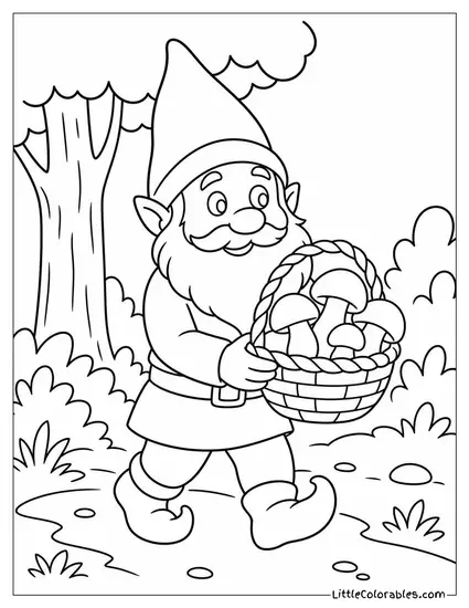 Realistic Gnome Carrying a Basket of Foraged Mushrooms Through the Woods Coloring Page