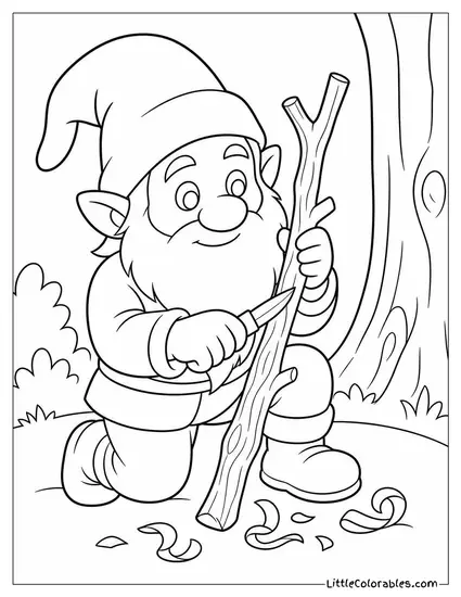 Realistic Gnome Carving a Walking Stick From a Fallen Branch Coloring Page