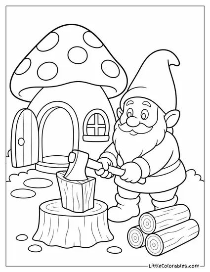Realistic Gnome Chopping Firewood Outside a Cozy Mushroom Cottage Coloring Page