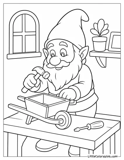Realistic Gnome Fixing a Tiny Wooden Wheelbarrow in His Workshop Coloring Page