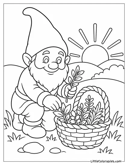 Realistic Gnome Gathering Herbs in a Woven Basket at Sunrise Coloring Page