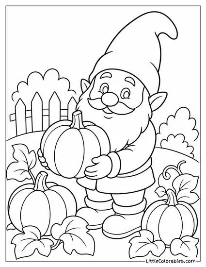 Realistic Gnome Harvesting Pumpkins in an Autumn Garden Patch Coloring Page