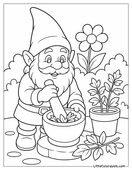 Realistic Gnome Mixing Herbs in a Stone Mortar Beside His Garden Coloring Page