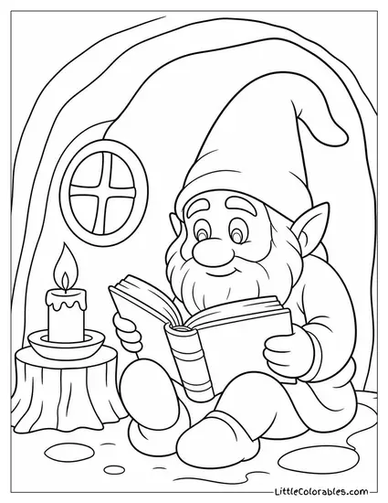 Realistic Gnome Reading an Old Book by Candlelight in a Burrow Coloring Page
