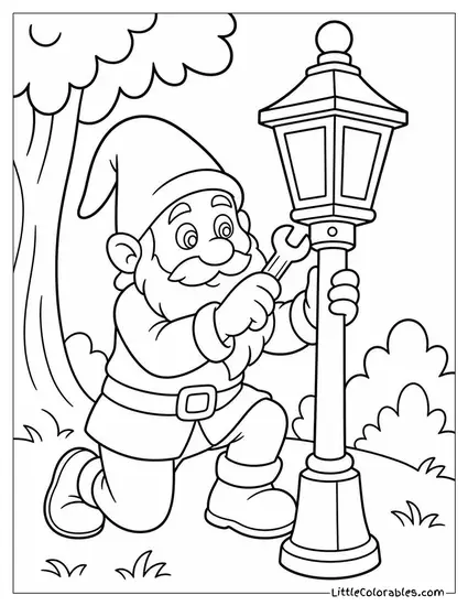 Realistic Gnome Repairing a Lantern Post in a Quiet Forest Clearing Coloring Page