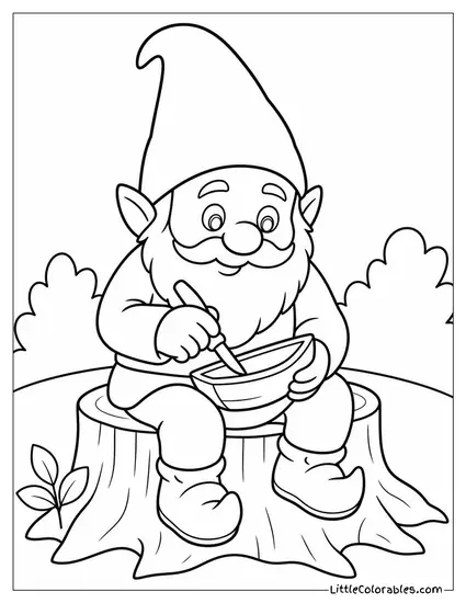 Realistic Gnome Sitting on a Tree Stump Carving a Tiny Boat Coloring Page