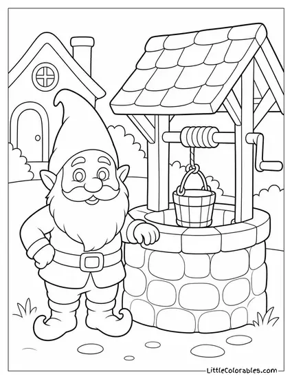 Realistic Gnome Standing Beside a Rustic Well in a Quiet Village Coloring Page