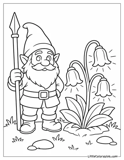 Realistic Gnome Standing Guard Beside a Patch of Glowing Flowers Coloring Page